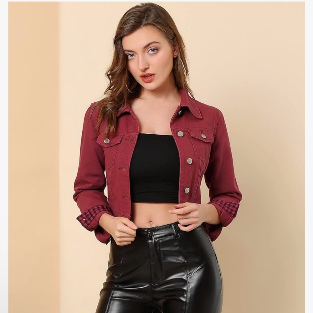 Allegra K S NWOT MAROON-RED CROPPED DENIM JACKET